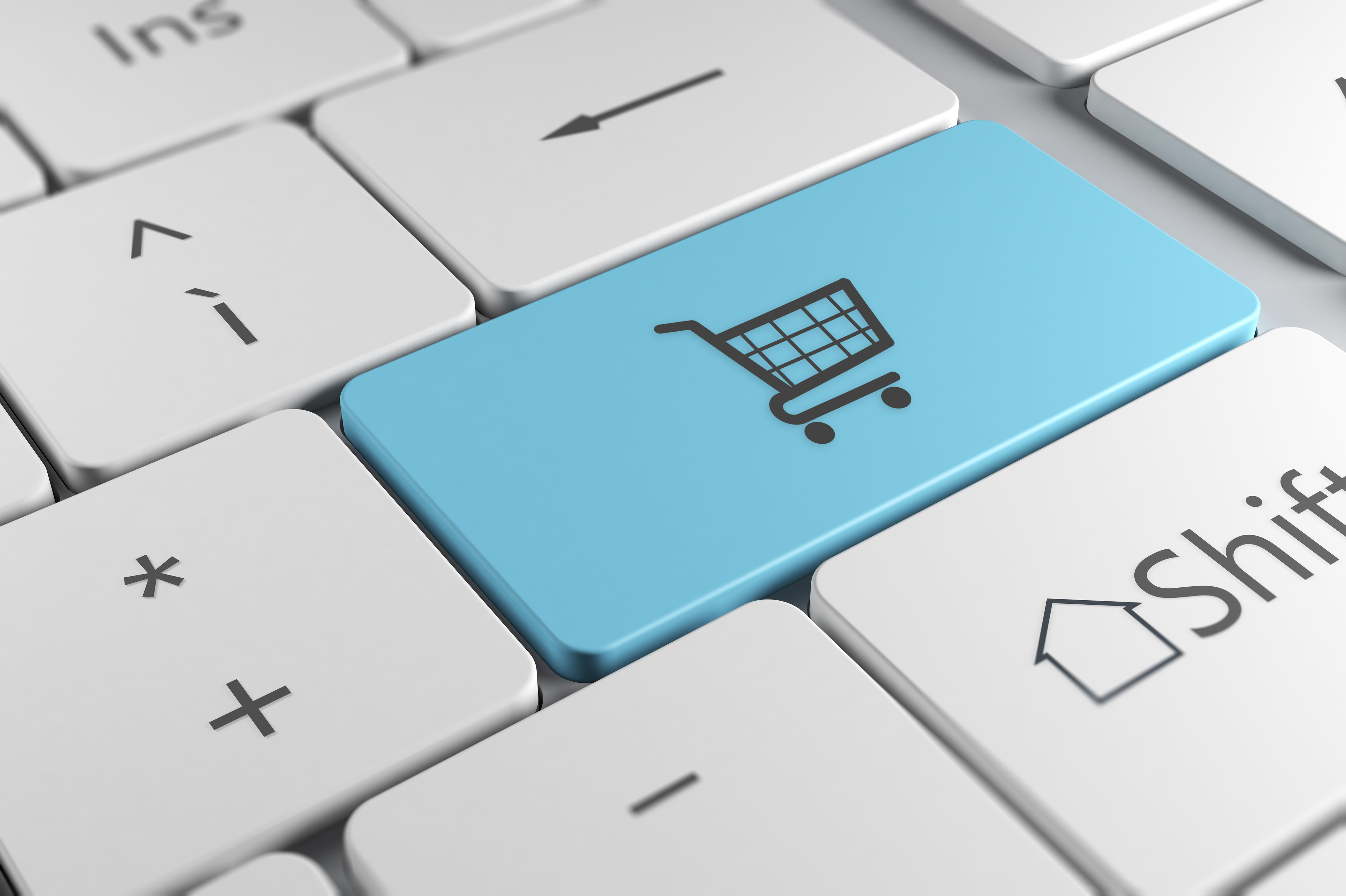 Make online purchases directly using a blue button with shopping cart icon in a elegant keyboard